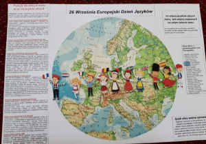 Plakat przedstawiający ziemię i jej mieszkańców z różnych kontynentów