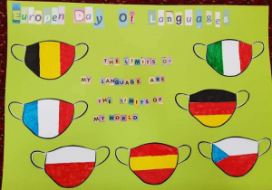 Plakat przedstawiający maseczki w barwach narodowych różnych krajów