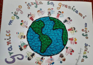 Plakat przedstawiający ziemię i jej mieszkańców z różnych kontynentów