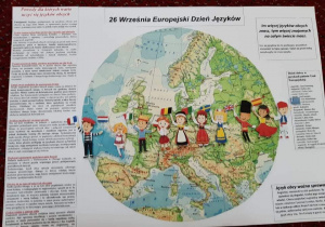Plakat przedstawiający ziemię i jej mieszkańców z różnych kontynentów