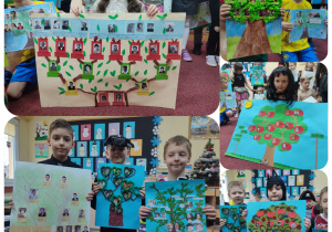 Uczniowie prezentują wykonane przez siebie drzewa genealogiczne.